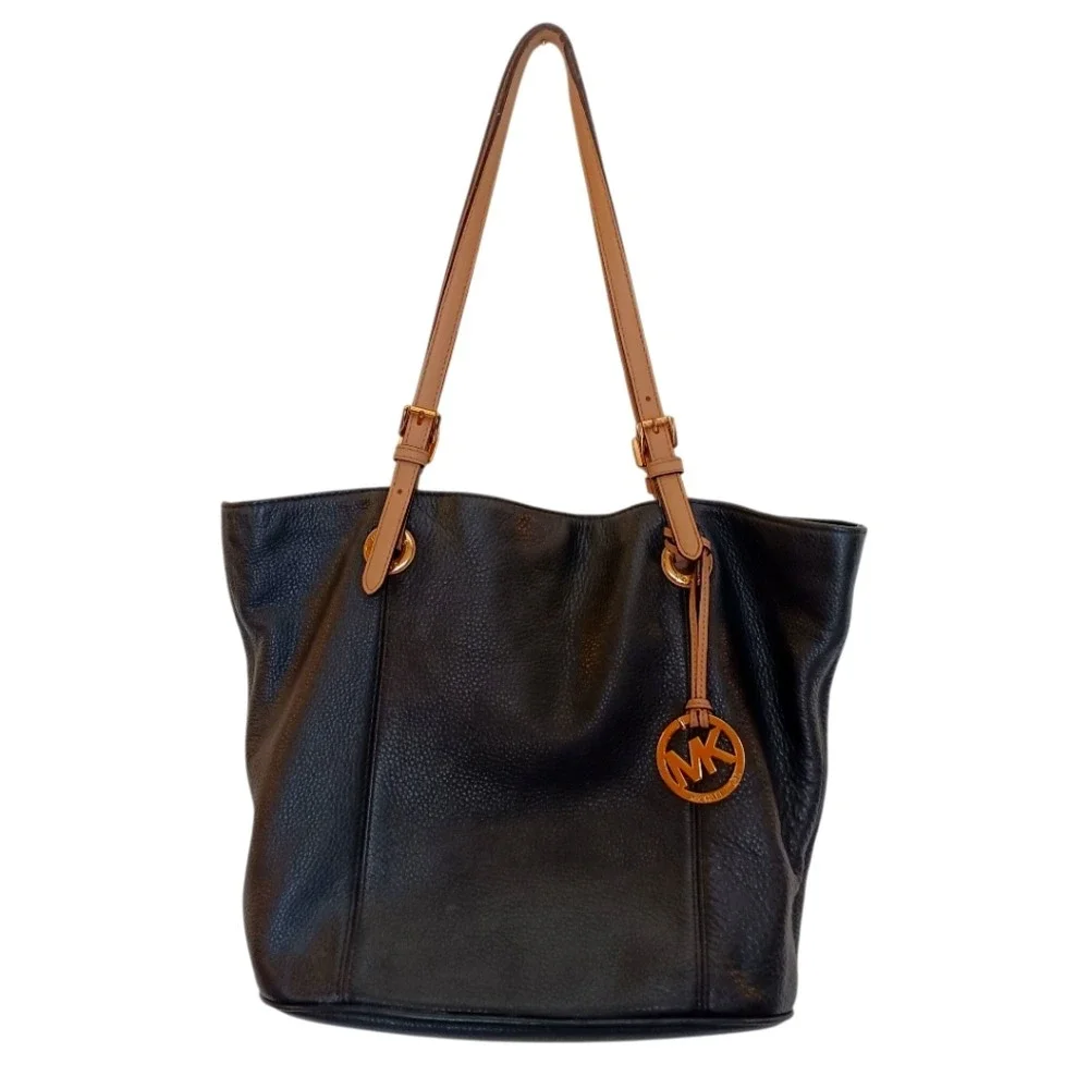 Michael Kors Tote Bag Women Large Black Pebbled Leather Tan Straps Gold Hardware - Picture 1 of 9